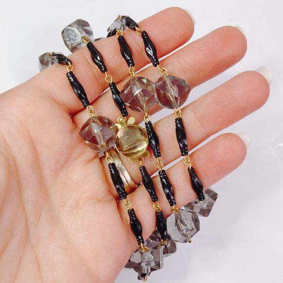VTG West Germany 46" Smoky Gray Faceted Plastic Bead Necklace Glass Box Clasp - Picture 3 of 11